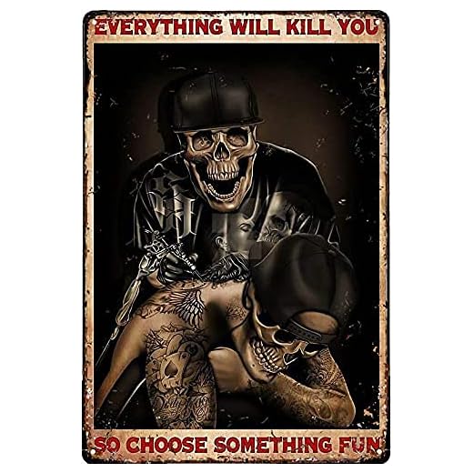 goupai Metallplåt plåtskylt tatuering skalle 'Everything Will Kill You Choose Something Fun' tennskylt hem pub kafé väggdekoration retro metallplatta 30 cm