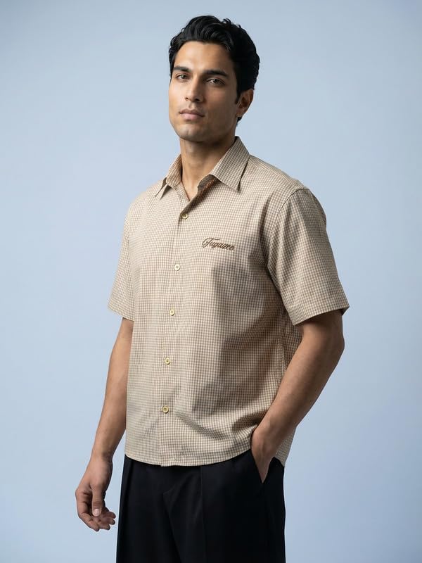 Image of FUGAZEE Sand Cotton Gingham Cropped Short Sleeve Shirt