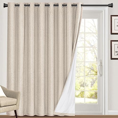 PrinceDeco Primitive Textured 100% Blackout Linen Look Patio Door Curtain 84 Inches Long Extra Wide Thermal Insulated Grommet Curtain Drapes for Living Room/Sliding Glass Door,W100 x L84 inch, Natural