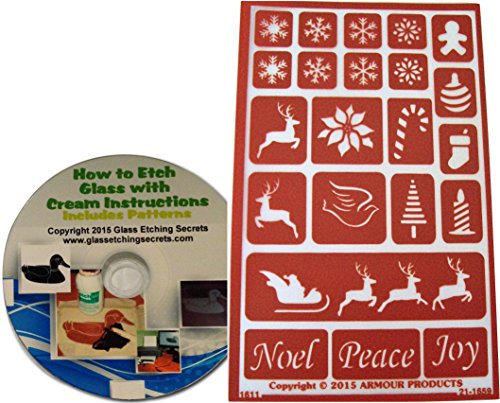 Reusable Christmas Glass Etching Stencils, Holiday Baubbles: Reindeer, Snowflakes, Gingerbread Man, Ornament, Stocking, Candle, Santa, Noel, Peace, Joy + How to Etch CD