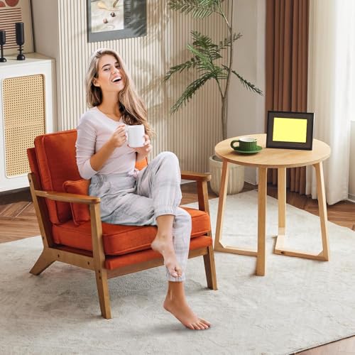 Image of Mid-Century Accent Relax Chair - Wide Armrest Lounge Chair with Linen Fabric with Lumbar Pillow (Orange, 28.3 x 31.5 x 29.5 INCH)