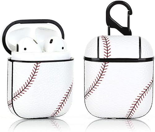 Funda de cuero divertida y bonita funda compatible con Apple Airpods 1 y 2 (béisbol)