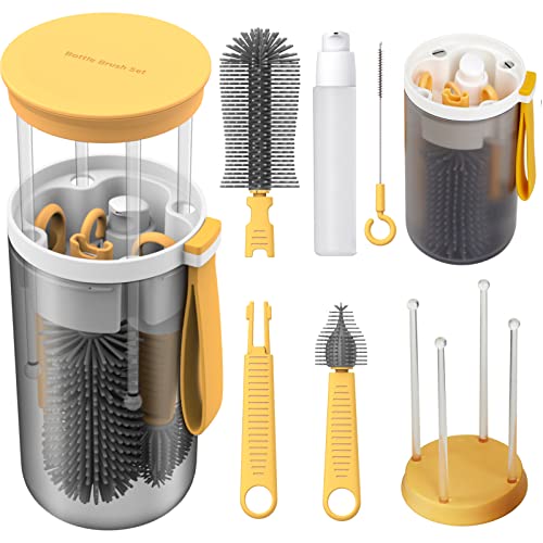 WHNLTravel Baby Bottle Brush Set with Bottle Cleaner Brush Set and Drying Rack,Gift for Newborn Mothers, Suitable for Travel and Home(Yellow)