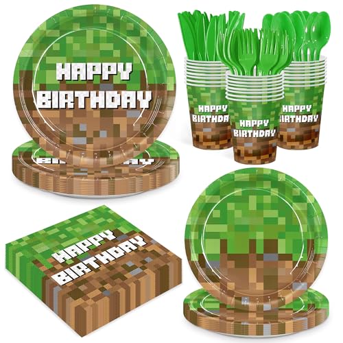 168pcs Green Birthday Party Decorations Green Plates Napkins Party Supplies Disposable Paper Cups Tableware Set for Boys Kid Teen Birthday Decor Serves 24