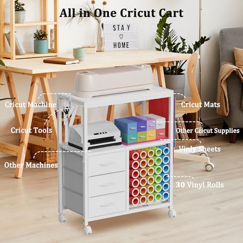 Image of 30 Vinyl Roll Holders for Cricut Cart, Rolling Craft Cart with 3 Fabric Drawer, Craft Organization and Storage Compatible with Cricut Maker Machine, Crafting Table Workstation, White, Patent Pending