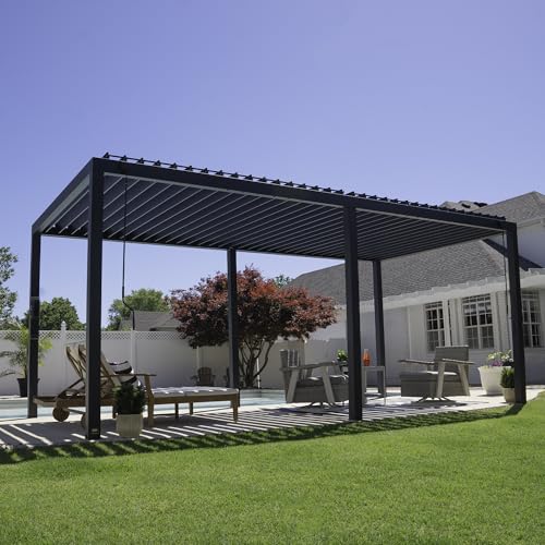 Image of Backyard Discovery Sarasota 20' x 10' Galvanized Steel Louvered Pergola Kit with Adjustable Roof, Shade, Rain Protection, High-Wind Rating, Gutter System for Outdoor Patio, Garden, Deck, Entertaining