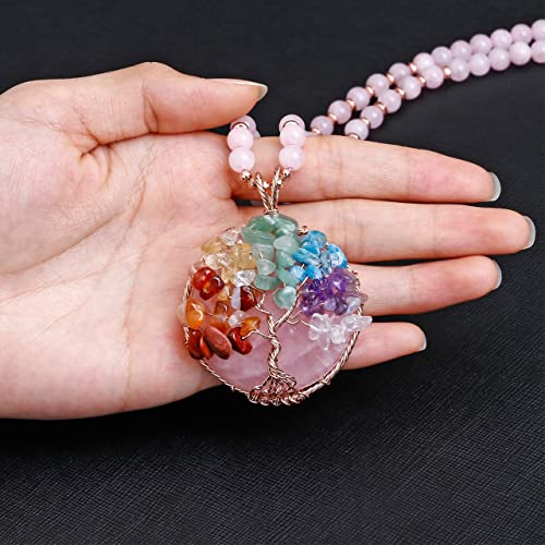 Image of Top Plaza 7 Chakra Healing Crystal Natural Round Gemstone Pendant Necklace Tree of Life Copper Wire Wrapped Beads Necklaces Reiki Jewelry for Women