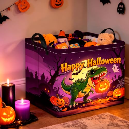 Image of CLOCOR Rectangular Storage Basket Empty,Gift Basket,Waterproof Storage Bin with Handles,Room Decor(Dinosaur Pumpkin Halloween)