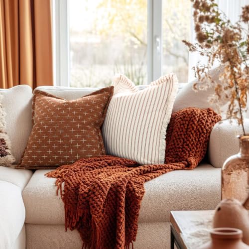 Image of ZWJD Fall Throw Pillow Covers 18x18 Set of 2 Striped Pillow Covers with Fringe Chic Cotton Decorative Pillows Square Cushion Covers for Sofa Couch Bed Living Room Fall Decor,Rust