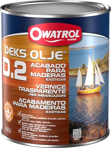 OWATROL D2 – 2,5 l – Barniz transparente brillante para madera tropical dura nueva y antigua al aire libre para puertas, paneles de madera, ventanas, muebles de jardín, puertas y barcos