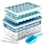 ICEDIVER Ice Cube Tray, Round Ice Trays for Freezer with Lid and Bin, Circle Ice Mold Making 66 x 1.0IN Small Ice Balls, Sphere Ice Makers with Ice Buckets Tongs & Scoop (Blue)