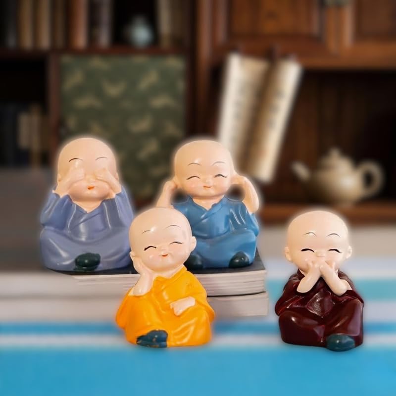 Image of Cute Mini Buddha Idol Statue for Car Dashboard,Resin Buddha Monk Set of 4 Statue Figurines Showpiece, Decoration Items Buddha for Table Decor Living Room Home,Showpiece, Fantasy(Multi Color)