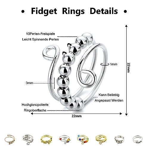 SHOWHEEL 8 Stück Verstellbare Anti Stress Ring,Angst Daumen Ring,Anxiety Ring,Regenbogen Spinner Ring Damen,Linderung von Ängsten und Antistress Ringe,Angst Ring und Fidget Ring für Frauen und Herren