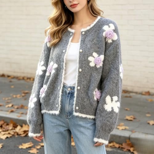 Image of FindThy Women's Kawaii 3D Floral Cardigan Long Sleeve Crewneck Knit Cardigan Sweaters