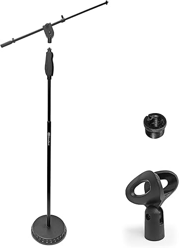 AxcessAbles - Soporte de micrófono de una mano con base redonda pesada y ajuste de altura de agarre rápido, brazo telescópico de micrófono incluido.