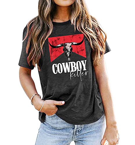 MAOGUYUN Cowboy Killer Shirt Women Wild Vintage Western Rodeo T-Shirt Bull Skull Graphic Tee Country Concert Tops
