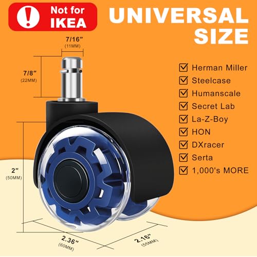 Image of Office Chair Wheels, 2 Inch Smooth & Quiet Rolling Casters Replacement, Computer Gaming Chair Casters for All Hardwood Floors & Carpet, Smooth Safe Rubber Wheels-Set of 5, Blue
