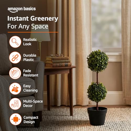 Image of amazon basics Artificial Topiary in Black Plastic Pot | Realistic 50 cm Faux Greenery | Durable Plastic | Stylish & Compact | Zero Maintenance | Indoor, Outdoor, Home & Office Decor