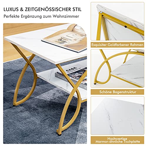 COSTWAY Couchtisch Marmor Optik, Kaffeetisch mit Ablage und Metallgestell, Wohnzimmertisch, Beistelltisch, Sofatisch für Wohnzimmer, 100 x 50 x 45 cm (Gold-weiß) – Bild 7