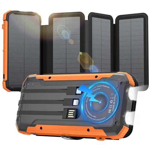 Image of Solar Power Bank 20000mAh Portable Charger Built-in 3 Cables and Wireless Charging Battery Pack Compatible for iPhone, IPX5 Waterproof, Bright Flashlight Perfect for Camping, Hiking, Outdoor