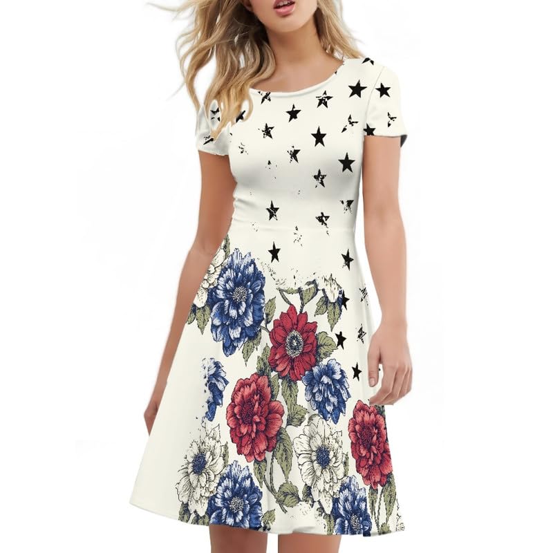 Image of Irisjudy T Shirt Dress for Women Short Sleeve Girls Short Sleeve Dress Plus Size, O Neck Knee Length Midi Dress for Ladies