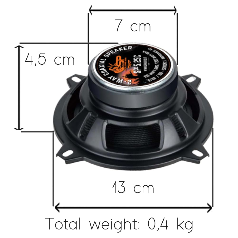 SP Audio 2 SP-5.25C Altavoces coaxiales de 2 vías de 13 cm 130 mm 5,25", 100 W RMS y 200 W máx., impedancia de 4 ohmios, sensibilidad de 85 dB, para Puertas de Coche, Coches, par