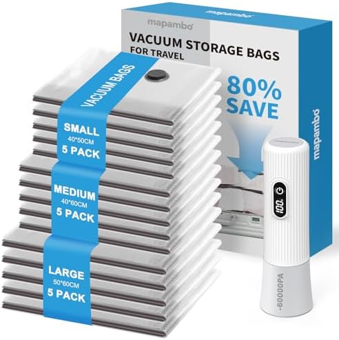 Reise Vakuumbeutel für Kleidung mit Kabellose Elektrischer -60000Pa Pumpe, 15 Stück Vacuum Storage Bags in 3 Größen(40 * 50/40 * 60/50 * 60CM), Sparen 80% Platz für Reisegepäck und