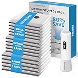 Reise Vakuumbeutel für Kleidung mit Kabellose Elektrischer -60000Pa Pumpe, 15 Stück Vacuum Storage Bags in 3 Größen(40 * 50/40 * 60/50 * 60CM), Sparen 80% Platz für Reisegepäck und Lagerung