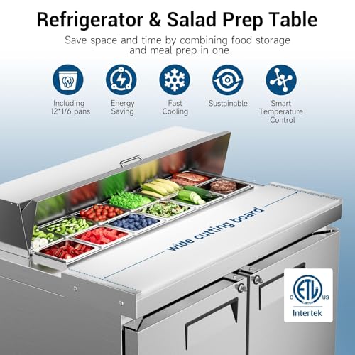 Image of 48 inch W Commercial Salad Bar Refrigerator, 2-Door Stainless Steel Buffet Station with 12 Pans, Fan Cooling, Adjustable Temperature Control, Sandwich Prep Table for Restaurants Bars Commercial Kitchens