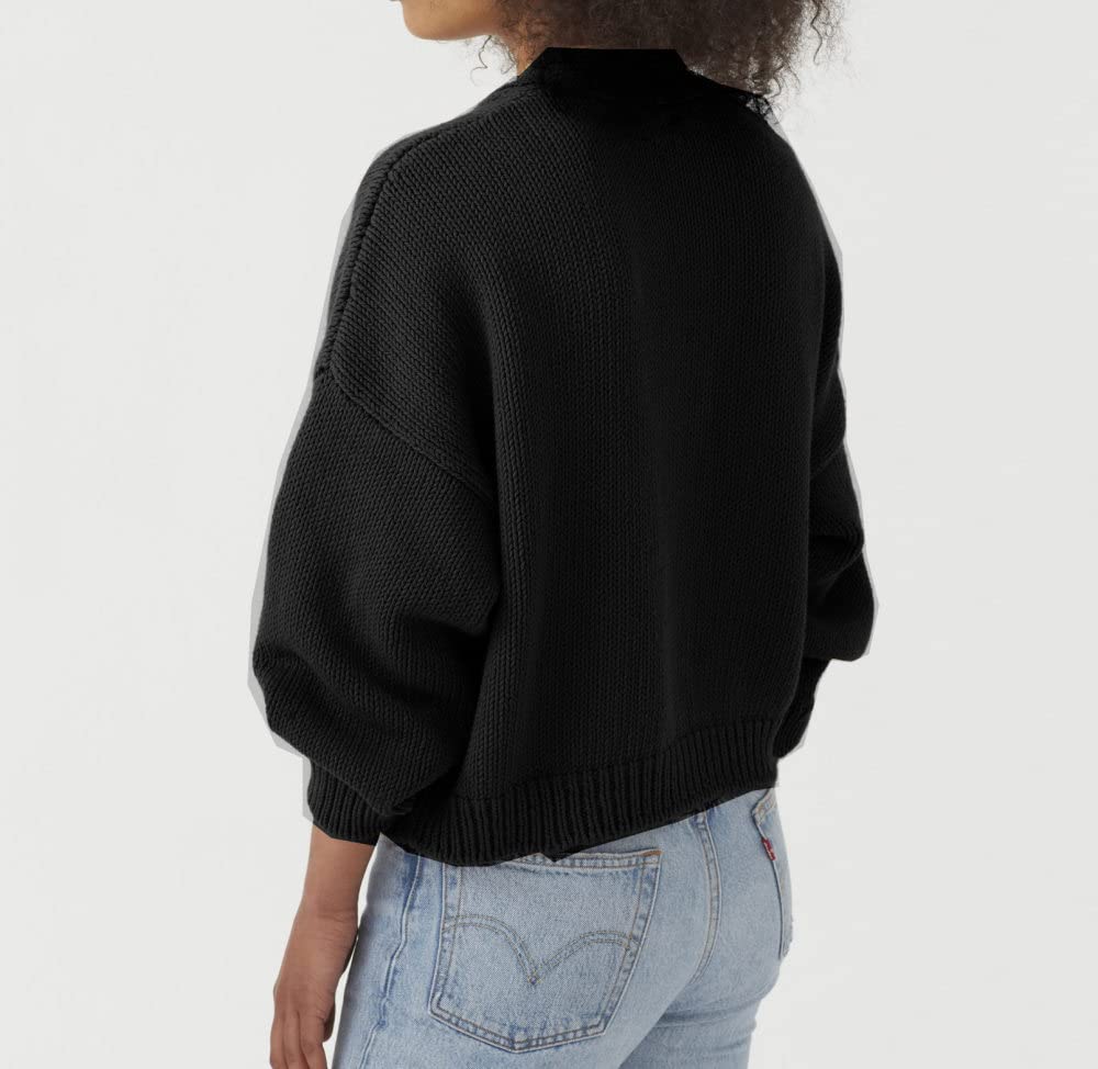 MIYAA Loser Damen Cardigan Pullover Langarm Pocket Cardigan V-Ausschnitt Cropped Outwear Lady Jumper Einreihig Offene Front Strickoberteil,Schwarz,3XL