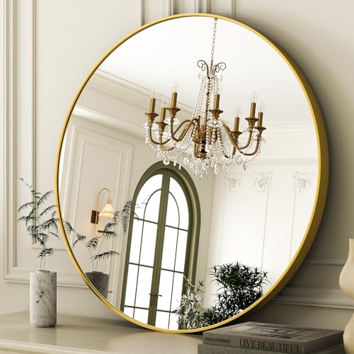 Image of EASLY 24 Inch Round Mirror, Gold Metal Frame Wall Mirror for Bathroom