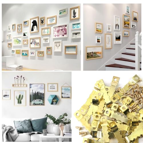 Image of 100 Pcs Sawtooth Hangers Picture Hanging Kit 1.77in Sawtooth Picture Hangers Picture Hooks with Screws Picture Frame Hangers for Photos Artwork Clock (Gold /XK-JC)