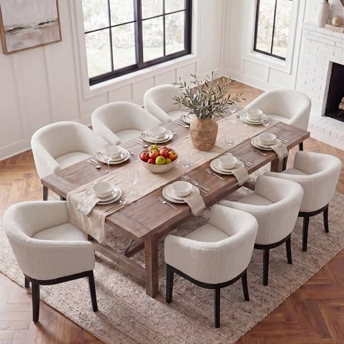 Image of HNY Barrel Dining Chairs Set of 8, Mid Century Modern Upholstered Dining Chairs with Arms, Sherpa Boucle Kitchen & Dining Room Chairs, Solid Wood Frame Accent Chairs for Kitchen, Apartment, White