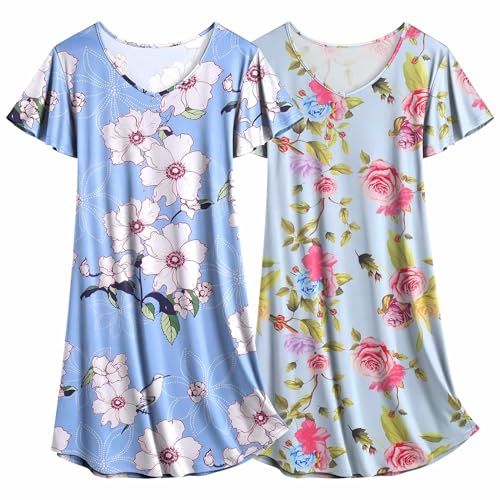 Image of Ekouaer 2 Pack Nightgowns for Women Short Sleeve Nightshirt Soft Sleepdress
