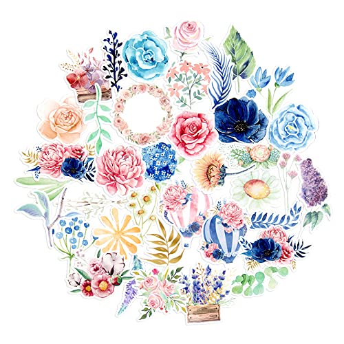 Navy Peony Watercolor Spring Flower Stickers Set (37 Pieces) - Artsy, Waterproof, Durable | Nature-Themed Decals for Laptop, Phone and Scrapbook