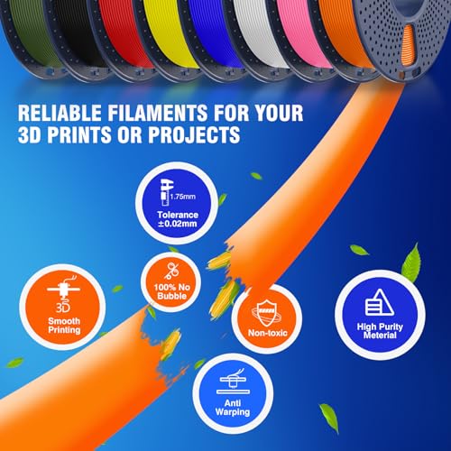 Image of JAYO Rapid PLA 3D Printer Filament Bundle 2KG, High Speed PLA Filament 1.75mm 50mm /s - 600mm /s Print Range, 8 Pack 250g Spool Filament (Black, White, Blue, Red, Pink, Orange, Yellow, Olive Green)