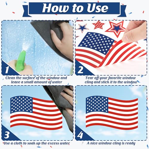 Image of 152 Pcs 4th of July Window Clings, 9 Sheets Patriotic Window Clings Decals, Watercolor Double-Sided American Flag Stars Firework Window Stickers for Independence Day Parade Veterans Memorial Day Decor