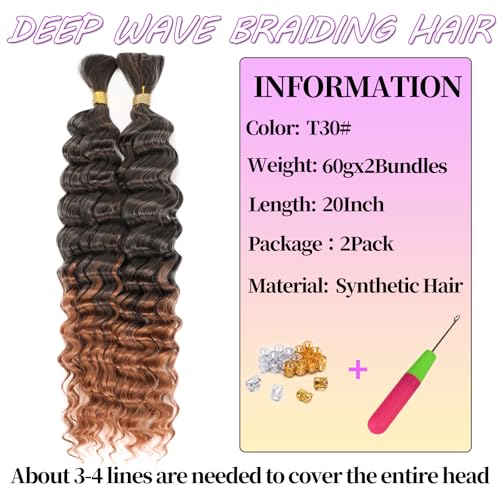 YYQXZG Deep Wave Bulk Hair for braiding 20 Inch No Weft Synthetic Curly Braiding Hair Extensions for Boho Braids (2bundles,120g,1B/30#) - Image 3