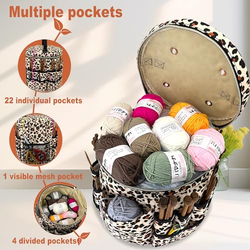 Image of Crochet Bag Storage for Yarn - Durable Knitting Project Organizer with Multiple Pockets Removable Strap - 26L Quilted Craft Tote for Hooks Needles and Accessories - Gift for Knitters and Crocheters