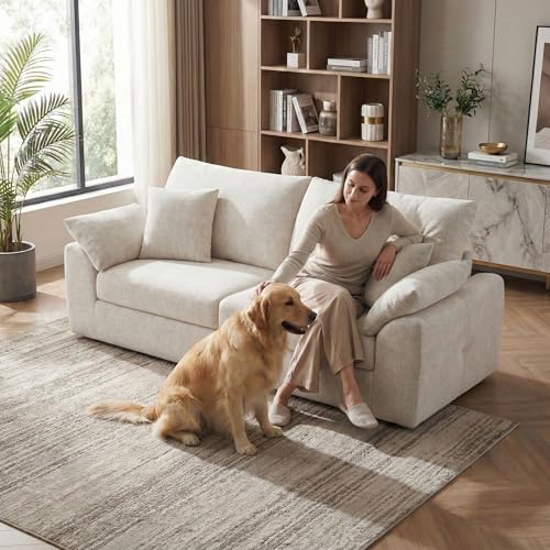 Image of 89.8 inch Modern Loveseat Sofa for Living Room, Cloud Boneless Couches with 4 Pillows, Mid Century Loveseat couches for Small Place, No Assembly Required, Beige