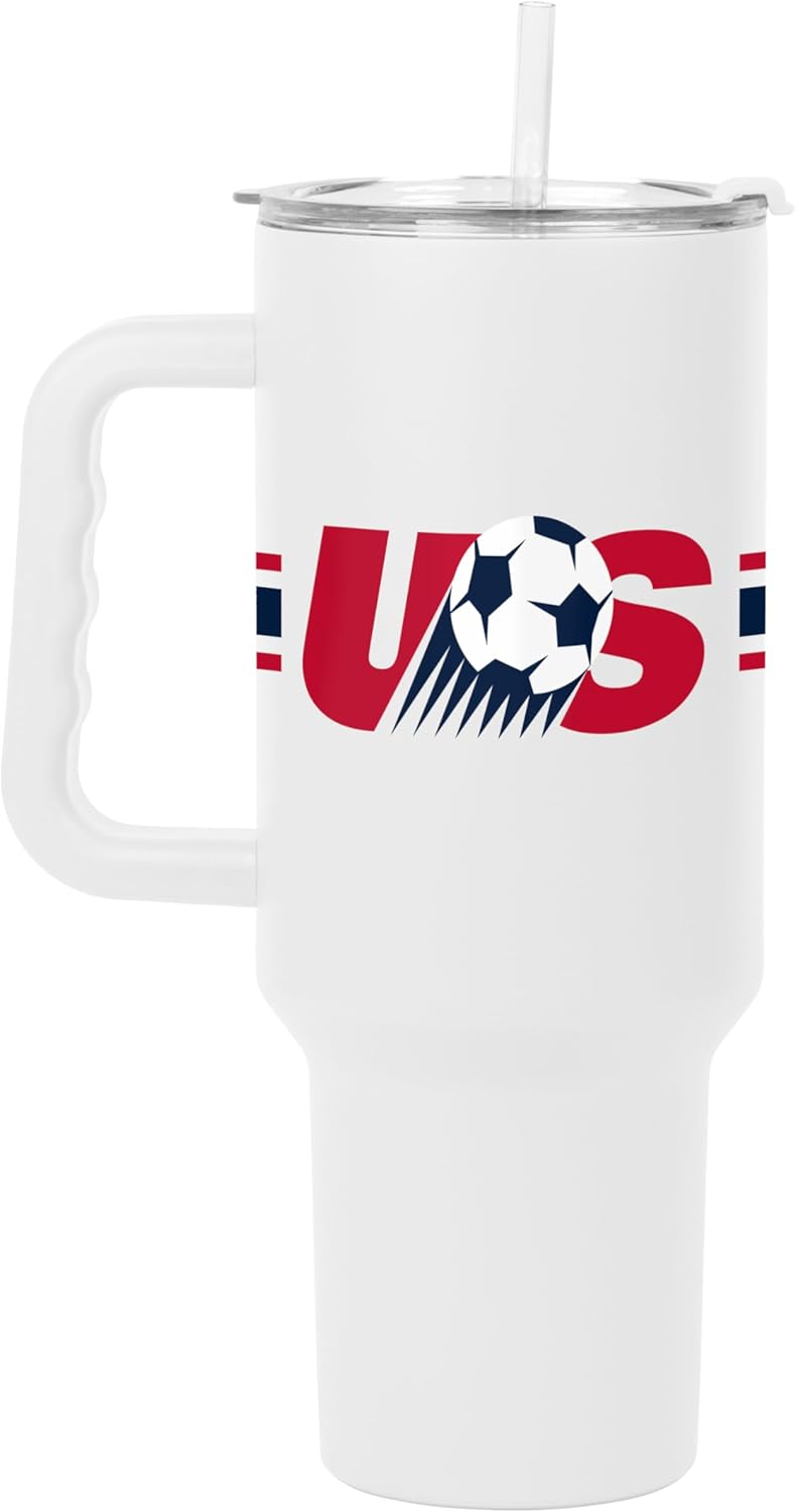 Logo Brands USA Men's National Soccer Vintage Logo 34 oz Quencher Bottle – Vacuum-Insulated Stainless Steel Cup with Handle and Straw – Keeps Drinks Cold for Everyday Use