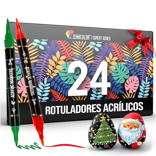 Zenacolor Rotuladores Acrilicos con Doble Punta (Punta Fina y Pincel) - 24 Colores únicos de Rotuladores Permanentes para Distintas Superficies y Obras de Arte - Rotuladores Acrilicos Permanentes
