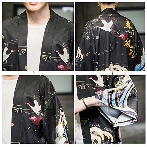 Image of Men's Japanese Kimono Robe Jacket Lightweight 3 /4 Sleeve Open Front Yukata | Silky Smooth Fashion Print Happi Coat Lightweight Breathable Loose Unisex Haori Casual Summer Cardigan Daily Beach Vacation