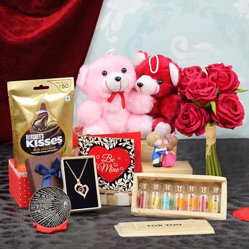 TIED RIBBONS Valentine gift Hamper for Women Girlfriend Wife Girls - Teddy Bear, Message Bottle Box, Card, Flower, Mini Couple, Pendant and Chocolates, 200 gram