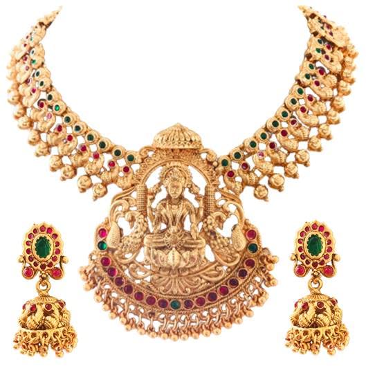 SattyakiGold-Plated Traditional Goddess Lakshami Temple Jewellery Bridal Set with South Indian Heavy Lakshami Necklace with Jumaki Earrings in beadwork for Women.