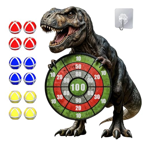 Dinosaur Themed Toss Game Banner with 12 Sticky Balls, 30” Large Dino Dart Board Game for Indoor Outdoor Games Dinosaur Birthday Party Supplies
