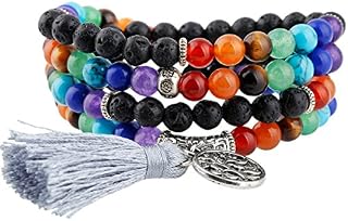 Shanxing 6mm 108 Prayer Beads Mala Bracelet with Tassel Tibetan Buddhist Buddha Meditation Stone Necklace, 7 Chakra & Lava Rock Stone, Total Length About 27.5 / 70cm
