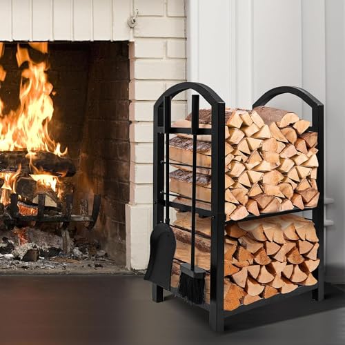 Amagabeli Fireplace Log Rack with 4 Tools 74 x 40 x 30 cm Fireplace Tool Set Large Capacity Firewood Rack Firewood Holder for Indoor Outdoor Storage Rack Tools