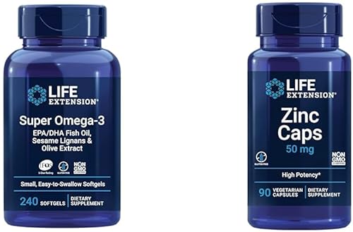 Life Extension Aceite de pescado Super Omega-3 EPADHA, lignanos de sésamo y extracto de oliva. Suplemento Omega 3 y tapas de zinc, zinc 50 mg,