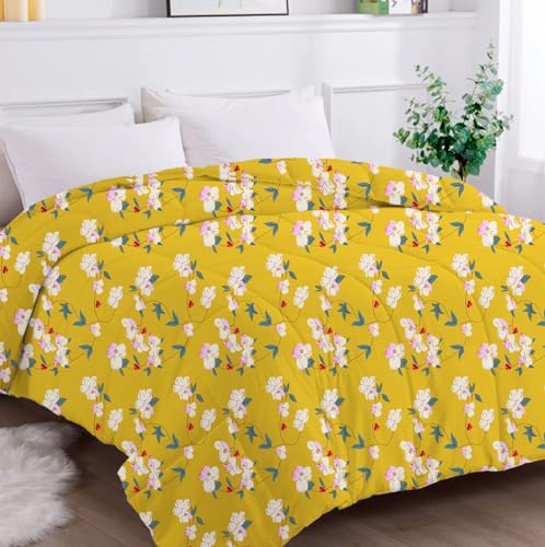 BSB HOME Microfiber 220 GSM Glace Cotton AC Comforter Set King Size Double Bed with 1 Flat bedsheet-90x100 inch and Two Pillow Covers II 4 pc Bedding Set- Floral Yellow and Green